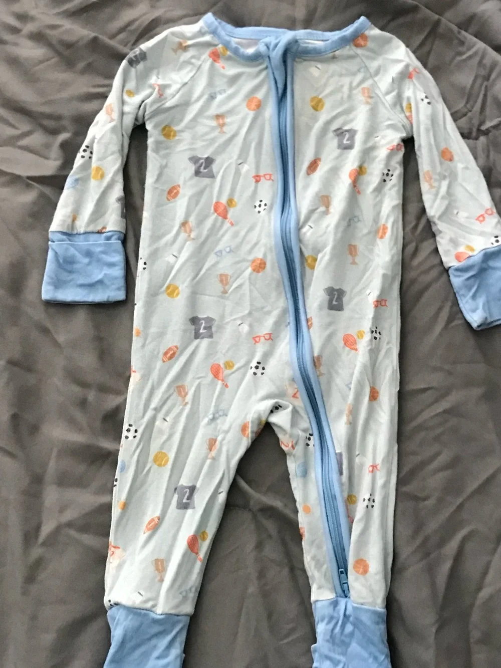 Light Blue Printed Kids Footed One-Piece Pajamas with Front Zip BAMBOO PJS